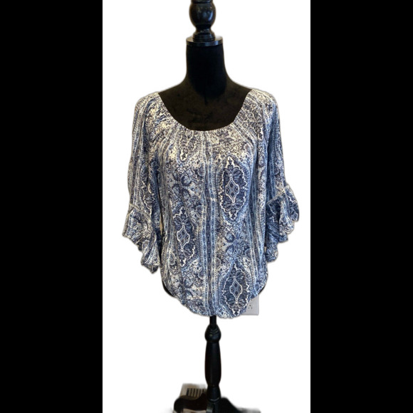 Off (or On!) Shoulder Blouse Size Large Blue Paisley Print  Boho Peasant Top - Picture 2 of 10